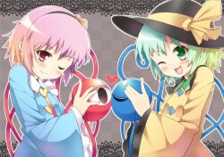  2girls bad_id bad_pixiv_id eyeball green_eyes green_hair hat heart komeiji_koishi komeiji_satori multiple_girls one_eye_closed pink_eyes pink_hair short_hair siblings sisters supershiruco third_eye touhou upper_body 