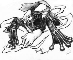  action all_fours alternate_form commentary_request dark_persona foreshortening gloves graphite_(medium) greyscale hanamura_yousuke highres monochrome monster no_humans persona persona_4 photoshop_(medium) samidare_satsuki scarf signature smoke solo traditional_media 