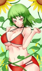  &gt;:) arms_up bikini blush body_blush breasts breasts_squeezed_together choker cleavage collarbone commentary_request covered_nipples female floral_background flower ginko_(nico) green_hair head_tilt hip_focus kazami_yuuka large_breasts looking_at_viewer midriff navel red_eyes shiny_skin smile solo sunflower swimsuit touhou v-shaped_eyebrows wide_hips 