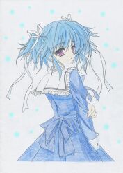  alice-bb-623 blue_hair bow colored_pencil_(medium) commentary_request female from_behind hair_ribbon highres looking_back mashiroiro_symphony nib_pen_(medium) purple_eyes ribbon school_uniform solo traditional_media twintails uryuu_sakuno 