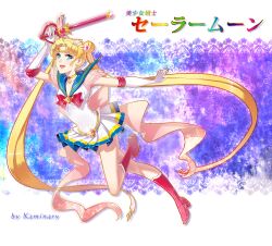  back_bow bishoujo_senshi_sailor_moon bishoujo_senshi_sailor_moon_supers blonde_hair blue_eyes blue_sailor_collar boots bow brooch choker commentary_request copyright_name crisis_moon_compact double_bun earrings female full_body gloves hair_bun hair_ornament hairpin heart heart_brooch heart_choker highres holding holding_wand jewelry kaleidomoon_scope kaminary knee_boots long_hair magical_girl microskirt multicolored_clothes multicolored_skirt pleated_skirt rainbow_text red_bow ribbon sailor_collar sailor_moon sailor_senshi_uniform skirt smile solo striped_clothes striped_skirt super_sailor_moon tiara tsukino_usagi twintails wand white_gloves 