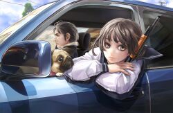  1boy black_hair canine car commentary_request female gun lips motor_vehicle necco original reflection school_uniform serafuku shotgun through_window weapon yellow_eyes 