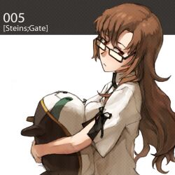  bad_id bad_pixiv_id brown_eyes brown_hair female glasses hug kiryuu_moeka long_hair shoe-ji solo steins;gate stuffed_toy upa_(steins;gate) 