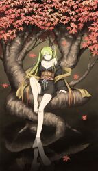  bare_shoulders barefoot commentary_request female flower green_eyes green_hair hair_flower hair_ornament hatsune_miku headphones headset highres japanese_clothes kimono leaf legs long_hair maple_tree nail_polish reflection sakais3211 sitting smile solo toenail_polish toenails tree twintails very_long_hair vocaloid water 