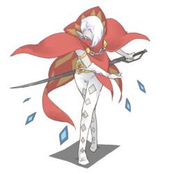  1boy armband bowing cape commentary_request demon_tribe_sword_(zelda) ghirahim gloves male_focus pointy_ears solo sword the_legend_of_zelda the_legend_of_zelda:_skyward_sword weapon white_hair ziro_(daydozen) 