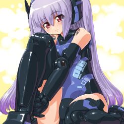  arnval_mk2_tempesta bad_id bad_pixiv_id bare_shoulders blue_leotard blush busou_shinki dd_(ijigendd) doll_joints elbow_gloves female gloves hugging_own_legs joints leotard light_smile long_hair pink_eyes purple_hair smile solo thighhighs very_long_hair 