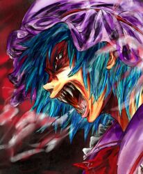  angry blue_hair commentary_request evyngr female hat open_mouth portrait red_eyes remilia_scarlet sharp_teeth short_hair solo teeth touhou transformation vampire 