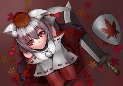  animal_ears commentary_request detached_sleeves female ginko_(nico) hat inubashiri_momiji leaf maple_leaf red_eyes shield solo sword tokin_hat touhou weapon white_hair wolf_ears 