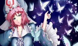  bug butterfly commentary_request female ginko_(nico) hat japanese_clothes petals pink_hair purple_eyes saigyouji_yuyuko solo touhou 