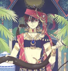  1boy arabian_clothes armband bad_id bad_pixiv_id black_hair coin coin_(ornament) crop_top earrings enk hookah jewelry judal leaf magi_the_labyrinth_of_magic male_focus midriff neck_ring necklace photoshop_(medium) red_eyes snake solo 