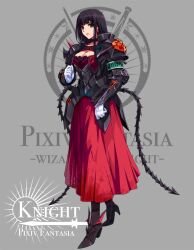  armor black_hair boots breasts cleavage commentary_request dress earrings female full_body gloves grey_background high_heels jewelry knight long_hair medium_breasts pauldrons photoshop_(medium) pixiv_fantasia pixiv_fantasia_wizard_and_knight red_eyes shinmai_(kyata) shoes shoulder_armor solo weapon whip_sword 