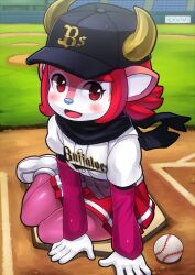  anthro ball baseball_(ball) baseball_base baseball_cap baseball_field baseball_uniform biped blush bottomwear bovid bovine buffalo_bell clothed clothing emma-201 female footwear fully_clothed grass hair hat headgear headwear horn looking_at_viewer lying mammal mascot nippon_professional_baseball orix_buffaloes plant red_eyes red_hair scarf shirt shoes skirt solo sportswear text text_on_clothing text_on_hat text_on_headwear text_on_shirt text_on_topwear topwear uniform young young_anthro young_female 