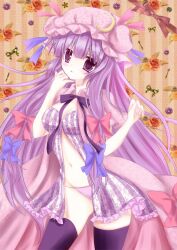  adapted_costume bad_id bad_pixiv_id blush bow cowboy_shot crescent female flower honoka_chiffon long_hair panties patchouli_knowledge purple_eyes purple_hair purple_panties purple_thighhighs ribbon solo thighhighs touhou underwear very_long_hair 