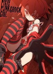  absurdres bad_id bad_pixiv_id bare_shoulders belt black_shorts blade_(galaxist) boots collar female foreshortening from_below gloves hands highres leg_up photoshop_(medium) pixiv_punk_and_rock punk red_eyes red_hair short_hair short_shorts shorts solo strap_slip striped_clothes striped_thighhighs thigh_strap thighhighs 