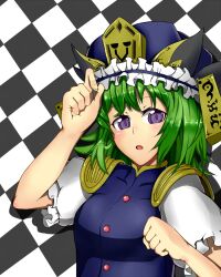  blue_eyes commentary_request female ginko_(nico) green_hair hat shiki_eiki short_hair solo touhou 