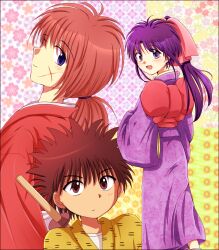  2boys blue_eyes brown_eyes brown_hair female female himura_kenshin japanese_clothes kamiya_kaoru kimono long_hair looking_back male mappou multiple_boys myojin_yahiko orange_hair pink_ribbon ponytail purple_eyes purple_hair ribbon rurouni_kenshin scar short_hair 