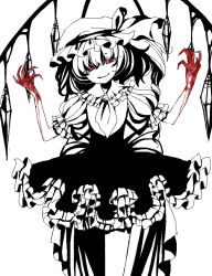  adapted_costume ascot back_bow bad_drawr_id bad_id bad_link blood blood_on_hands bow closed_mouth cowboy_shot female flandre_scarlet frilled_shirt_collar frilled_sleeves frills greyscale hands_up hat hat_ribbon head_tilt looking_at_viewer medium_hair mob_cap monochrome oekaki puffy_short_sleeves puffy_sleeves red_eyes ribbon rinko_(mg54) short_sleeves simple_background smile solo spot_color standing touhou wings 