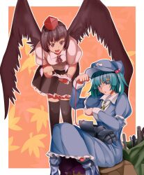  2girls aqua_eyes aqua_hair black_thighhighs black_wings brown_eyes brown_hair commentary_request ginko_(nico) hair_bobbles hair_ornament hat kawashiro_nitori machine multiple_girls shameimaru_aya thighhighs tokin_hat touhou two_side_up wings 