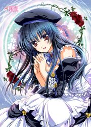  blue_hair blush commentary_request detached_collar dress female hat kanna_(plum) long_hair looking_at_viewer md5_mismatch open_mouth original own_hands_clasped own_hands_together photoshop_(medium) red_eyes resolution_mismatch solo source_larger strapless strapless_dress 