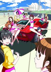  6+girls akizuki_ritsuko amami_haruka bad_id bad_pixiv_id beach_umbrella bikini car ford ford_gt futami_ami futami_mami fuwa_daisuke ganaha_hibiki hagiwara_yukiho hood hoodie hoshii_miki idolmaster idolmaster_(classic) innertube kikuchi_makoto kisaragi_chihaya left-hand_drive looking_at_viewer minase_iori miura_azusa motor_vehicle multiple_girls one-piece_swimsuit open_mouth photoshop_(medium) racetrack shijou_takane sitting smile swim_ring swimsuit takatsuki_yayoi umbrella 