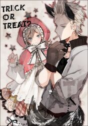  1boy :3 alternate_costume animal_ears apron arm_up axis_powers_hetalia bad_id bad_pixiv_id belgium_(hetalia) blonde_hair blush border bow bowtie brother_and_sister buttons capelet cigarette claws collar dress english_text fake_animal_ears female frilled_dress frills gloves green_eyes halloween hishi_(k-xaby) hood little_red_riding_hood netherlands_(hetalia) puffy_sleeves scar short_hair siblings skull sleeves_rolled_up smile star_(symbol) tail trick_or_treat wolf_ears wolf_tail 