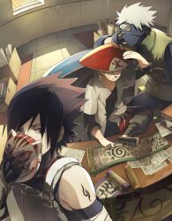  3boys aged_up bad_id bad_pixiv_id bandages black_hair blonde_hair facial_mark forehead_protector hatake_kakashi konohagakure_symbol male_focus mask multiple_boys naruto naruto_(series) oba-min photoshop_(medium) scroll tattoo uchiha_sasuke uzumaki_naruto vest whisker_markings white_hair 