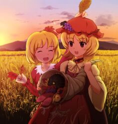  2girls ^_^ aki_minoriko aki_shizuha blonde_hair bug closed_eyes commentary_request cornucopia dragonfly earrings field food fruit grapes hair_ornament hat holding jewelry knj leaf leaf_hair_ornament leaf_on_head multiple_girls open_mouth persimmon photoshop_(medium) ribbon short_hair sweet_potato touhou wheat 