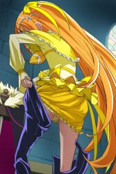  boots bow bubble_skirt cape capelet cure_muse_(black) cure_muse_(yellow) dual_persona female frills haruyama_kazunori indoors long_hair magical_girl orange_hair precure ribbon shirabe_ako skirt spoilers suite_precure undressing very_long_hair yellow_bow yellow_ribbon yellow_skirt 