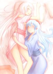  2girls arms_up bad_id bad_pixiv_id blue_dress blue_hair blush closed_eyes dress fujiwara_no_mokou hug japanese_clothes kamishirasawa_keine kimono kokotetsu long_hair lying multiple_girls off_shoulder on_side open_clothes open_kimono open_mouth pillow pink_hair sash sleeping touhou yukata 