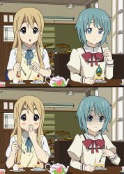  2girls cake cake_slice chalkboard commentary_request crossover cup doily door drum drum_set eating empty_eyes food fork fruit highres holding holding_fork indoors instrument k-on! kotobuki_tsumugi mahou_shoujo_madoka_magica mahou_shoujo_madoka_magica_(anime) miki_sayaka mitakihara_school_uniform multiple_girls open_mouth parody sakuragaoka_high_school_uniform school_uniform sitting smile soul_gem strawberry strawberry_shortcake style_parody table takahiro_(rikky) teacup teapot turn_pale window 