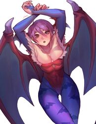  1girls arms_above_head armwear bat_print blue_pantyhose capcom cleavage clothing darkstalkers demon_wings female female_only head_wings leotard lilith_aensland looking_at_viewer pantyhose pink_hair rattlepool_(artist) red_eyes short_hair small_breasts solo solo_female succubus succubus_costume thigh_gap very_short_hair white_background wings 