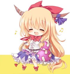  alcohol bad_id bad_pixiv_id belt blonde_hair blush bottle bow chains chibi closed_eyes commentary_request cuffs female frilled_skirt frills gourd hair_ribbon hairbow horn_ornament horn_ribbon horns ibuki_suika long_hair medium_skirt musical_note open_mouth print_skirt purple_skirt ribbon sake saucer shackles shirt skirt solo touhou yukimiya_(parupunta) 