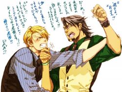  artist_request beard blonde_hair bracelet brown_eyes brown_hair cigarette crossover facial_hair goatee hirata_hiroaki jewelry kaburagi_t_kotetsu male_focus multiple_boys necktie one_piece sanji seiyuu_connection stubble tiger_&amp;_bunny translation_request vest waistcoat watch wristwatch 