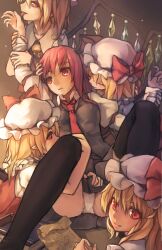  5girls arm_grab ascot bad_id bad_pixiv_id bat_wings black_thighhighs blonde_hair book bow clone closed_eyes commentary_request flandre_scarlet four_of_a_kind_(touhou) hat hat_bow head_wings imminent_rape koakuma licking long_hair looking_back magic_circle multiple_girls necktie panties photoshop_(medium) pleated_skirt pointy_ears red_eyes red_hair short_hair side_ponytail skirt skirt_set smile tears thighhighs tongue touhou underwear vest white_panties wings xiao_qiang_(overseas) yuri 