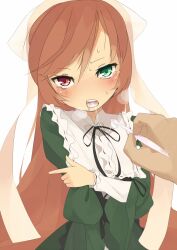  blush brown_hair brushing_another&#039;s_teeth brushing_teeth commentary_request female flat_chest frills green_eyes heterochromia highres holding_own_arm long_hair nakamura_(marakimi) photoshop_(medium) pov pov_hands red_eyes rozen_maiden saliva saliva_trail sexually_suggestive solo_focus suiseiseki tears toothbrush uncommon_stimulation very_long_hair 