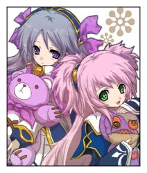  2girls atelier_(series) black_border border green_eyes grey_hair kirita_(noraring) long_hair lowres mana_khemia mana_khemia_(series) multiple_girls pamela_ibiss philomel_hartung pink_hair purple_eyes short_twintails smile stuffed_animal stuffed_toy teddy_bear twintails two_side_up 