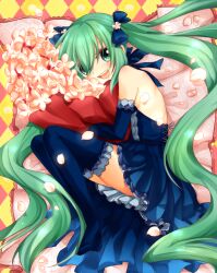  bad_id bad_pixiv_id bouquet commentary_request dress elbow_gloves female flower gloves green_eyes green_hair hatsune_miku highres long_hair narina open_mouth smile solo thighhighs twintails very_long_hair vocaloid 