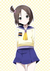  bad_id bad_pixiv_id blush brown_hair corpse_party female green_eyes hair_bobbles hair_ornament hairclip name_tag osomatsu_(nanameno) school_uniform short_hair smile solo suzumoto_mayu 