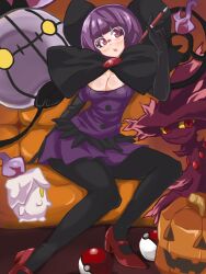  :o blunt_bangs bob_cut book breasts chandelure cleavage commentary_request couch dress female glasses high_heels highres holding jack-o&#039;-lantern litwick low-cut makai medium_breasts mismagius open_mouth pantyhose pen poke_ball pokemon pokemon_(creature) pokemon_bw pumpkin purple_eyes purple_hair purple_skirt shauntal_(pokemon) shoes short_hair skirt 