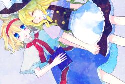  2girls alice_margatroid bad_id bad_pixiv_id blonde_hair blue_eyes hair_ribbon hat holding_hands inoue_mikuni interlocked_fingers kirisame_marisa long_hair multiple_girls ribbon short_hair sleeping touhou witch_hat yuri 