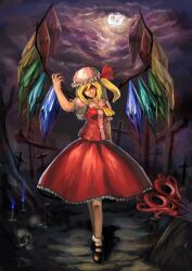  aako alternate_hairstyle ascot blonde_hair bow candle claws cloud commentary_request cross female fingernails flandre_scarlet graveyard hairbow hat highres laevatein_(touhou) long_fingernails long_skirt mary_janes moon night photoshop_(medium) shoes short_sleeves side_ponytail skirt skirt_set skull solo standing touhou walking wings 