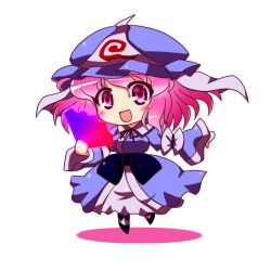  chibi commentary_request female hand_fan hat kamelie pink_eyes pink_hair saigyouji_yuyuko short_hair smile solo touhou triangular_headpiece 