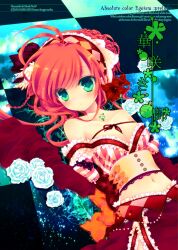  :o bad_id bad_pixiv_id bare_shoulders blush braid breasts checkered_floor cleavage collarbone female flower frills green_eyes hair_flower hair_ornament headdress highres jewelry konno_kengo long_hair looking_at_viewer lying navel necklace on_back open_mouth original photoshop_(medium) red_hair small_breasts solo 