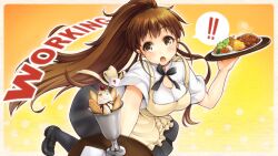  ! !! :o apron blush breasts brown_eyes brown_hair commentary_request courreges_ace female food ice_cream large_breasts loafers long_hair open_mouth photoshop_(medium) ponytail shoes solo sundae taneshima_popura tray waitress working!! 