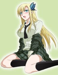  blonde_hair blue_eyes blush boku_wa_tomodachi_ga_sukunai breasts female female footwear kashiwazaki_sena kenji_t1710 large_breasts long_hair necktie school_uniform skirt socks solo taguchi_kenji 