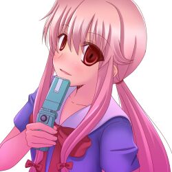  bad_id bad_pixiv_id bow cellphone empty_eyes female gasai_yuno hairbow highres hinata_mirun long_hair mirai_nikki open_mouth phone pink_hair red_eyes school_uniform smile solo twintails yandere 