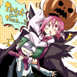  2girls ^^^ animal_ears antennae asphyxiation blush cape carrying commentary_request failure foaming_at_the_mouth green_hair halloween headlock jack-o&#039;-lantern kuroneko_no_toorimichi leg_lock multiple_girls mystia_lorelei pink_eyes pink_hair plaid plaid_background pumpkin pumpkin_hat short_hair shoulder_carry sitting sitting_on_person strangling touhou trick_or_treat turn_pale wriggle_nightbug wrist_cuffs yellow_background 