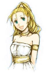  armband arms_behind arms_behind_back bare_shoulders blonde_hair choker chrono_(series) chrono_trigger female green_eyes himasen long_hair lowres marle open_mouth ponytail solo 