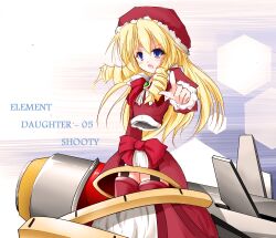  blonde_hair blue_eyes character_name commentary_request dodonpachi dodonpachi_daifukkatsu dress female giant hat leqz5945 long_hair mecha pointing ringlets robot shooty 