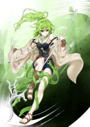  bad_id bad_pixiv_id croriin duel_monster female green_eyes green_hair highres jacket jewelry necklace ponytail sandals solo staff tank_top winda_(yu-gi-oh!) winda_priestess_of_gusto yu-gi-oh! yu-gi-oh!_duel_monsters 